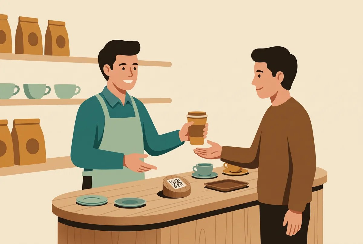 Barista kahveyi uzatırken müşteriye tezgâhtaki kod standını gösteriyor