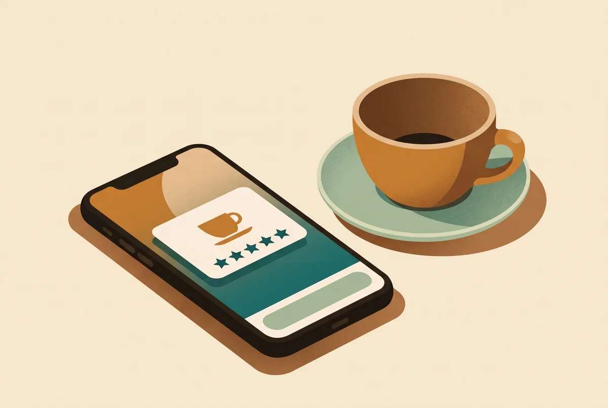 Kahve fincanının yanında, ekranında değerlendirme bildirimi olan telefon